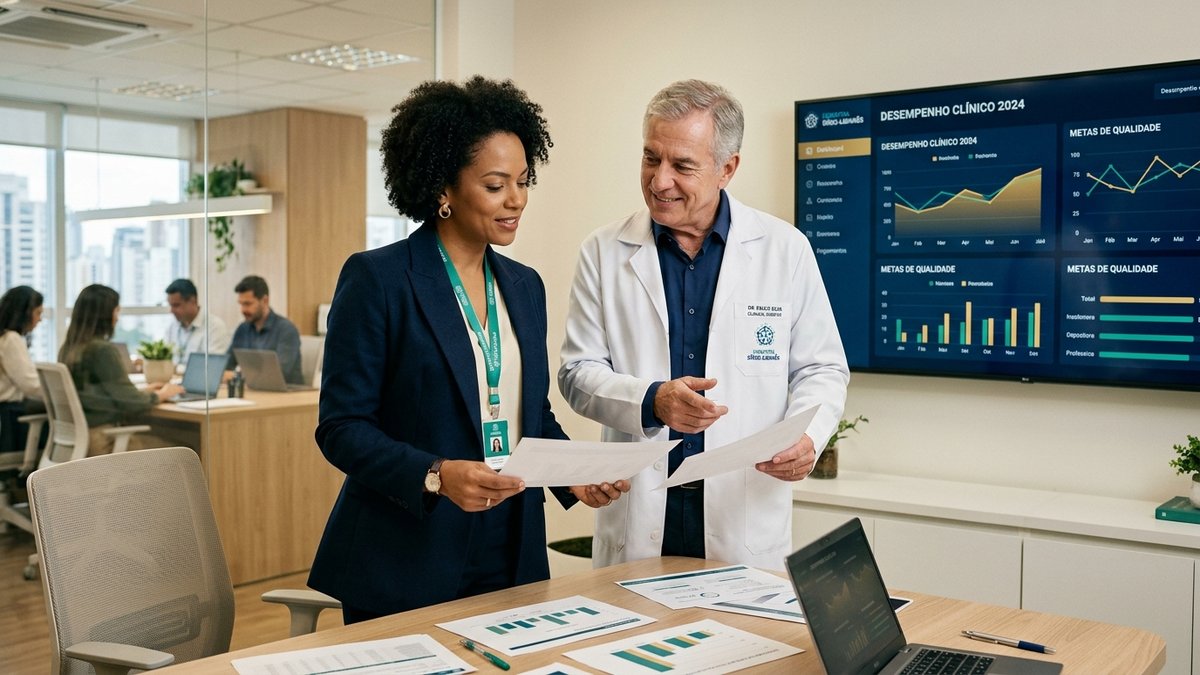 Liderança executiva e diretoria médica analisando indicadores estratégicos de saúde pública